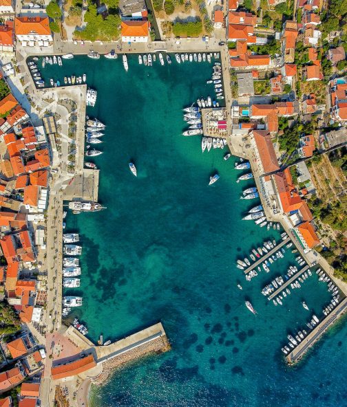 Aerial view of beautiful town of Jelsa on Hvar island in Croatia